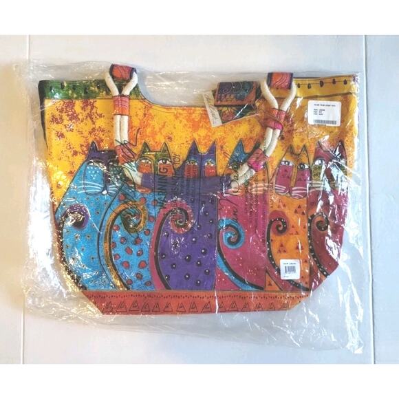 Laurel Burch NEW Scoop Tote Zipper Top FELINE TRIBE Artsy Cats Bright Happy Bag - Picture 2 of 12